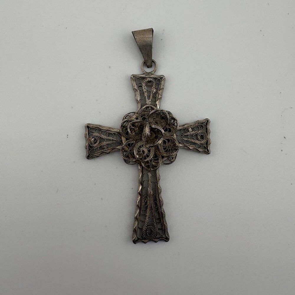 Vintage Cross Pendant 925 Solid Silver Filigree Flower Ornate Openwork Unmarked